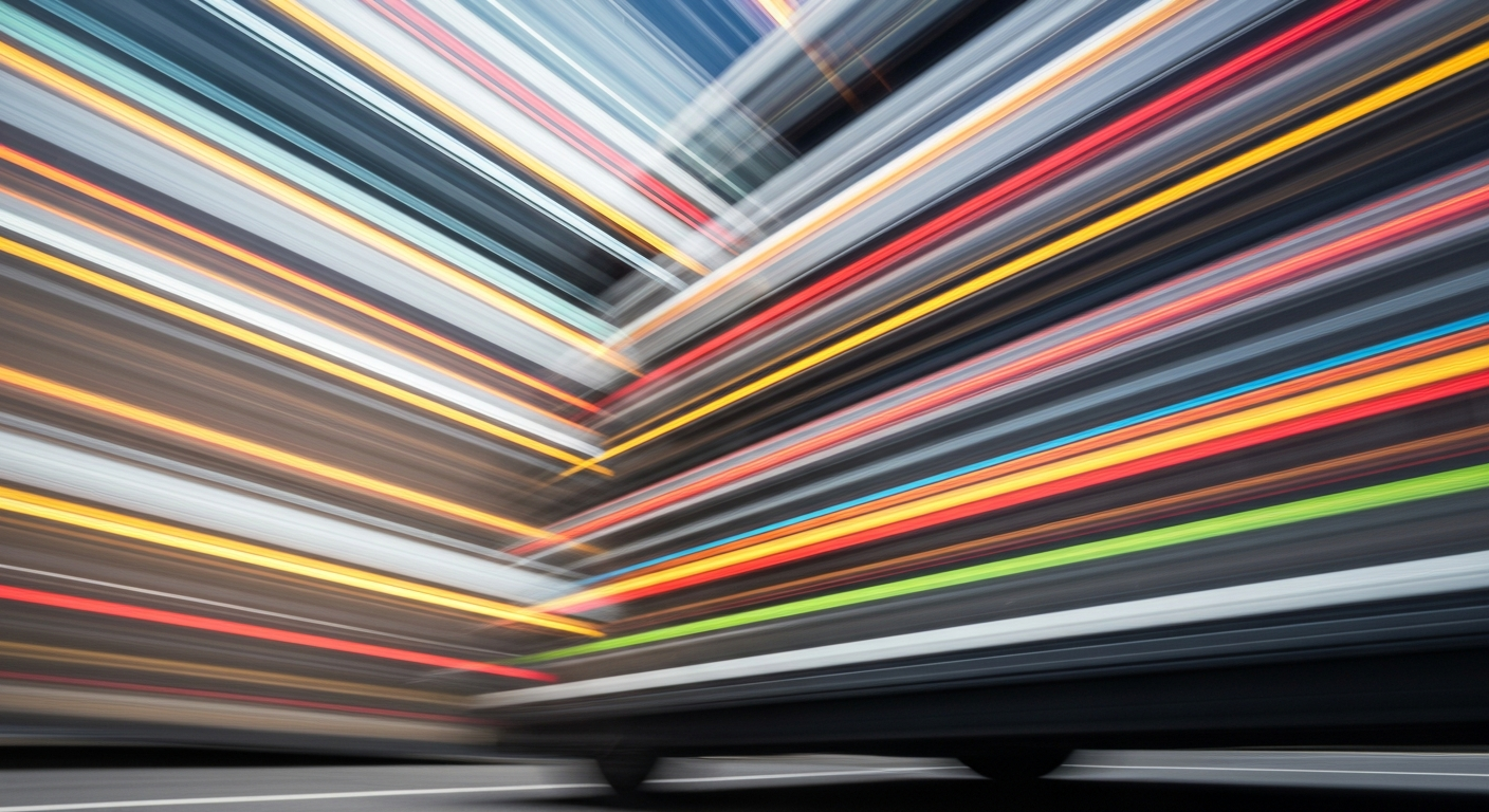 An abstract, blurred image of a vehicle in motion, conveying a sense of speed and modern engineering through sweeping streaks of bright colors.