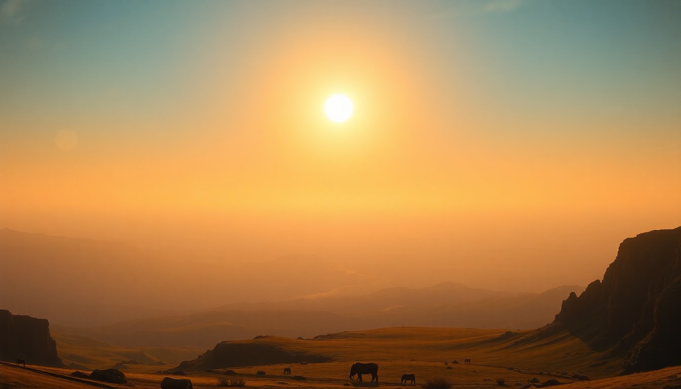 A vast, hazy landscape painting depicting a sweeping horizon under a blazing sun, conveying the overwhelming, sublime scale of the natural world in the face of extreme weather conditions.