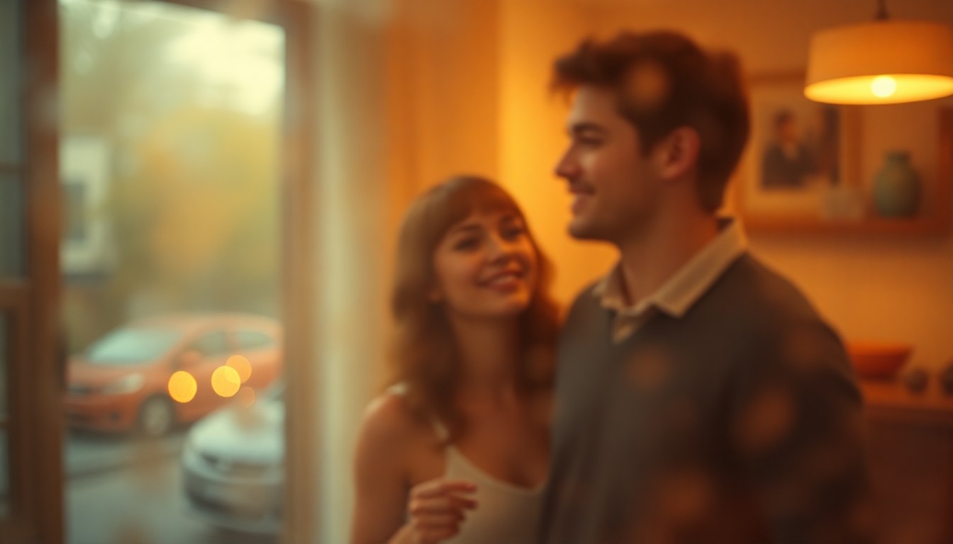 An impressionistic, out-of-focus scene of a couple exploring a cozy, sunlit interior, conveying the joy and sense of accomplishment of becoming first-time homeowners.