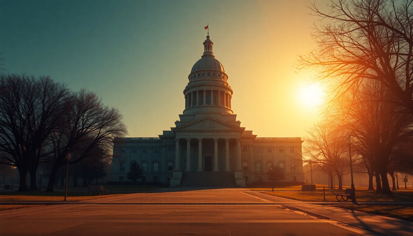 A serene, cinematic painting depicting the Kansas state capitol building in warm, muted tones, with the structure bathed in diagonal sunlight and surrounded by deep shadows, conveying a sense of political tension and uncertainty around the issue of property tax relief.