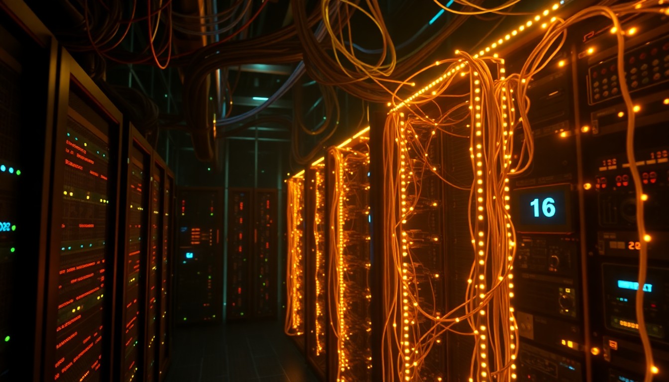 A highly detailed, glowing 3D illustration of an expansive AI infrastructure, with illuminated cables, circuit boards, and server racks, conveying the scale and power of enterprise-level AI systems that are reshaping the future of business.