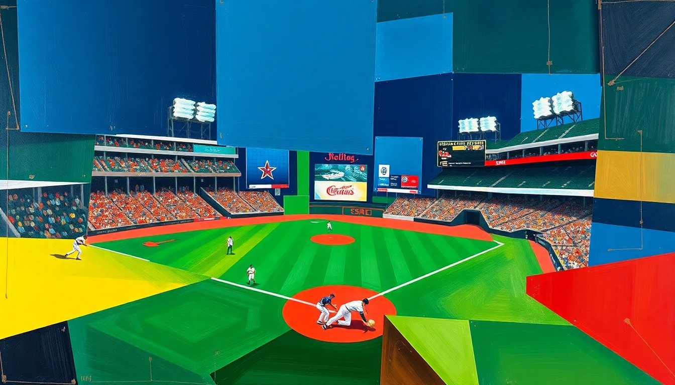 A cubist, geometric painting depicting a baseball game, with the players and field broken down into sharp, overlapping planes of color, capturing the dynamic action and energy of the sport.