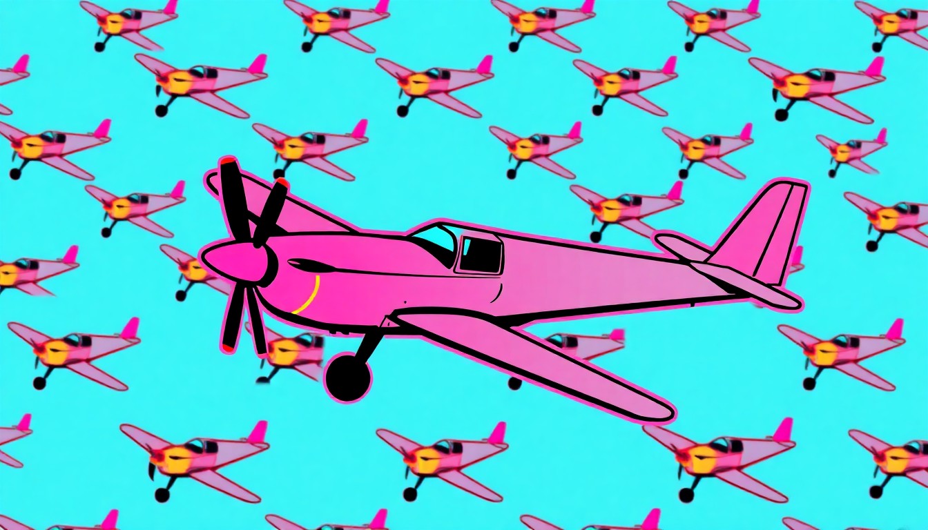 A brightly colored, high-contrast silkscreen print of a small propeller plane icon repeated in a tight grid pattern, rendered in vibrant neon hues and heavy black outlines in the style of Andy Warhol's pop art, conceptually representing Agape Flights' mission of delivering vital resources to communities in need.