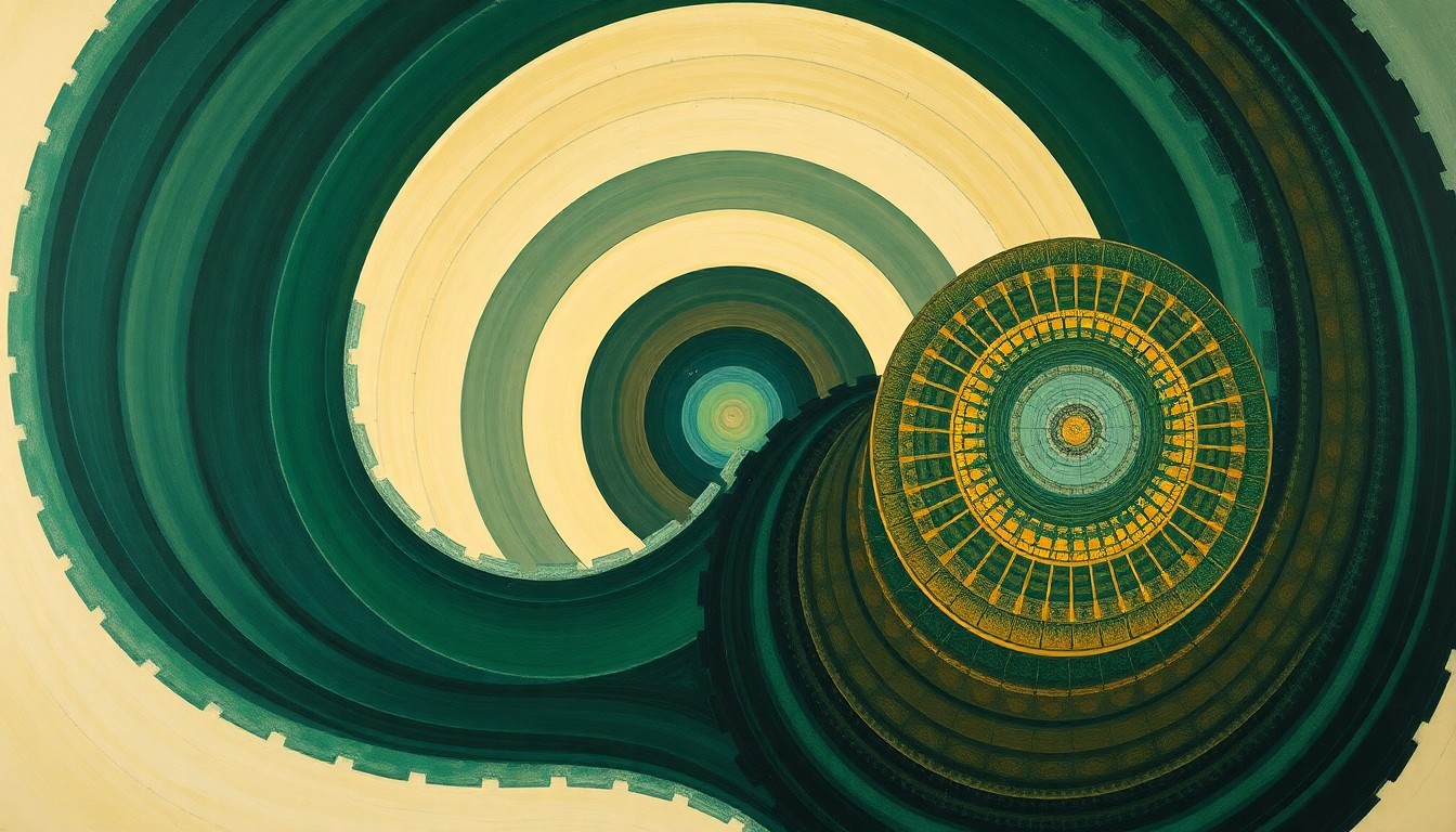 A highly structured abstract painting in muted earth tones, featuring sweeping geometric arcs, concentric circles, and precise botanical spirals, visually representing the complex interdependencies between energy, water, and food resources.