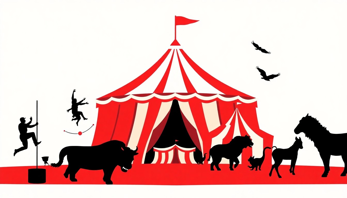 A bold, graphic composition of stark black silhouettes and high-contrast solid colors like red and white, abstractly representing the iconic imagery of a classic circus - including the big top tent, acrobats, and exotic animals.