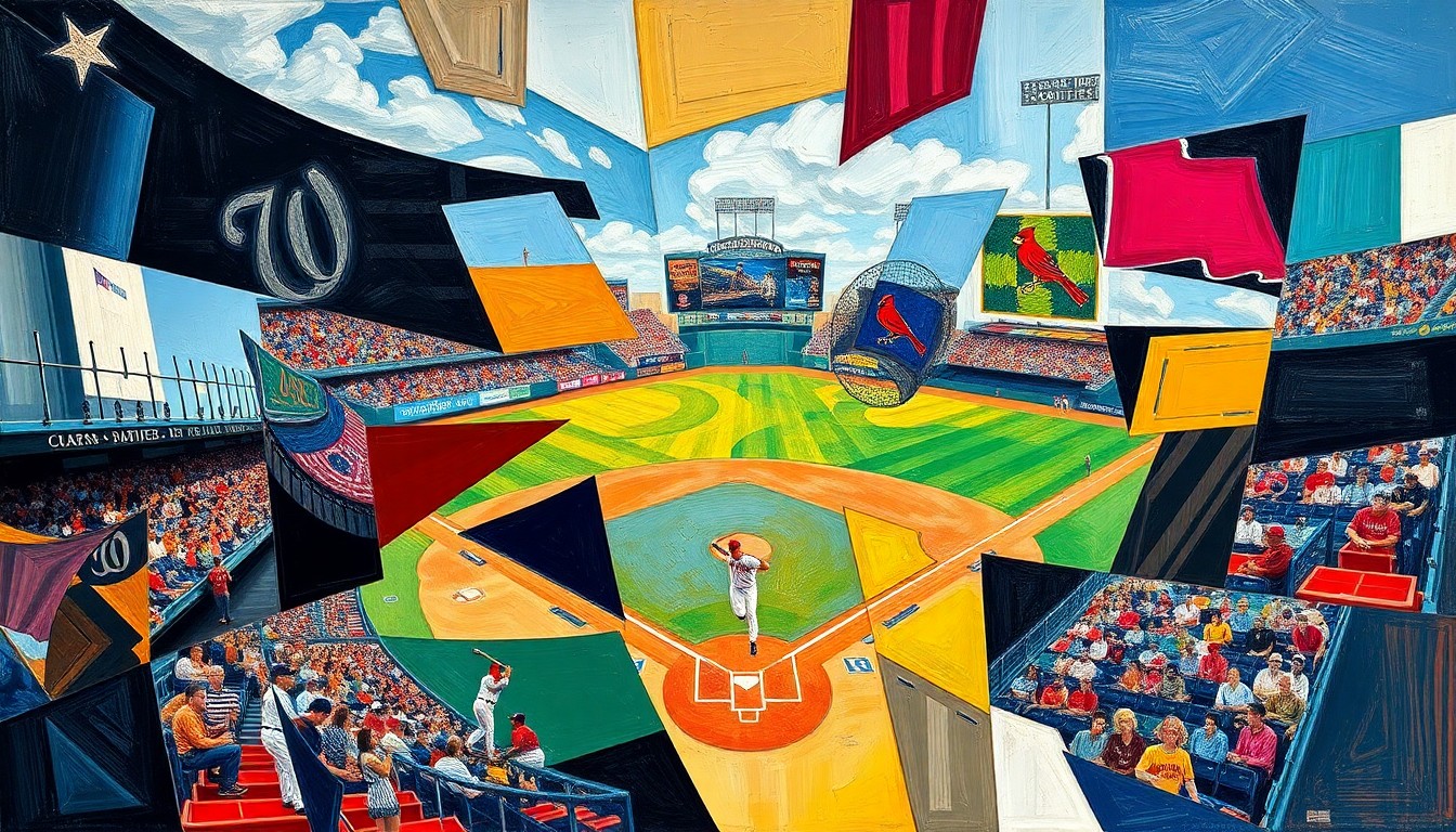 A fragmented, geometric painting depicting a baseball game or match between the Washington Nationals and St. Louis Cardinals, with the players and field broken down into sharp, overlapping shapes and planes of color, conveying the energy and intensity of the high-stakes matchup.