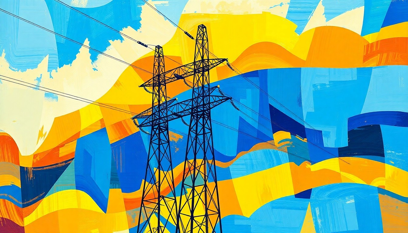 A vibrant, abstract painting featuring overlapping geometric shapes and brushstrokes in shades of blue, orange, and yellow, conceptually representing the rapid changes to California's energy infrastructure.
