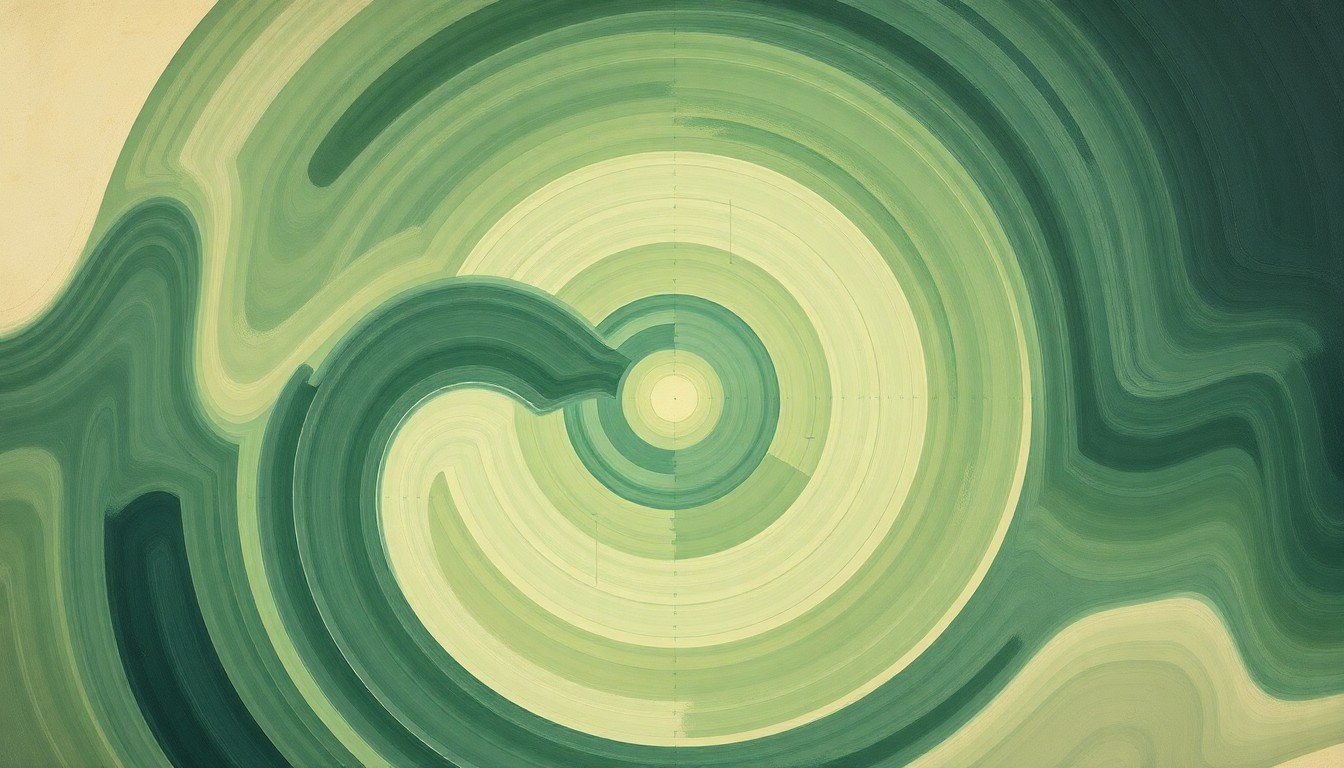 A bold, highly structured abstract painting in muted tones of green, blue, and gray, featuring sweeping geometric arcs, concentric circles, and precise botanical spirals, conceptually illustrating the intricate natural systems of the Chesapeake Bay region under threat from climate change.