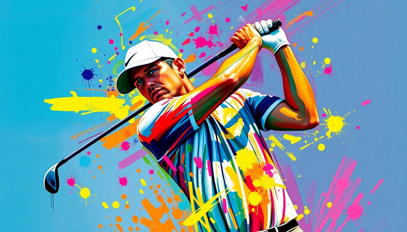 An abstract, expressionist painting in vibrant neon colors depicting the dynamic motion of a golfer's swing, with the face and body dissolved into unrecognizable splatters, capturing the raw energy and excitement of the Masters tournament.