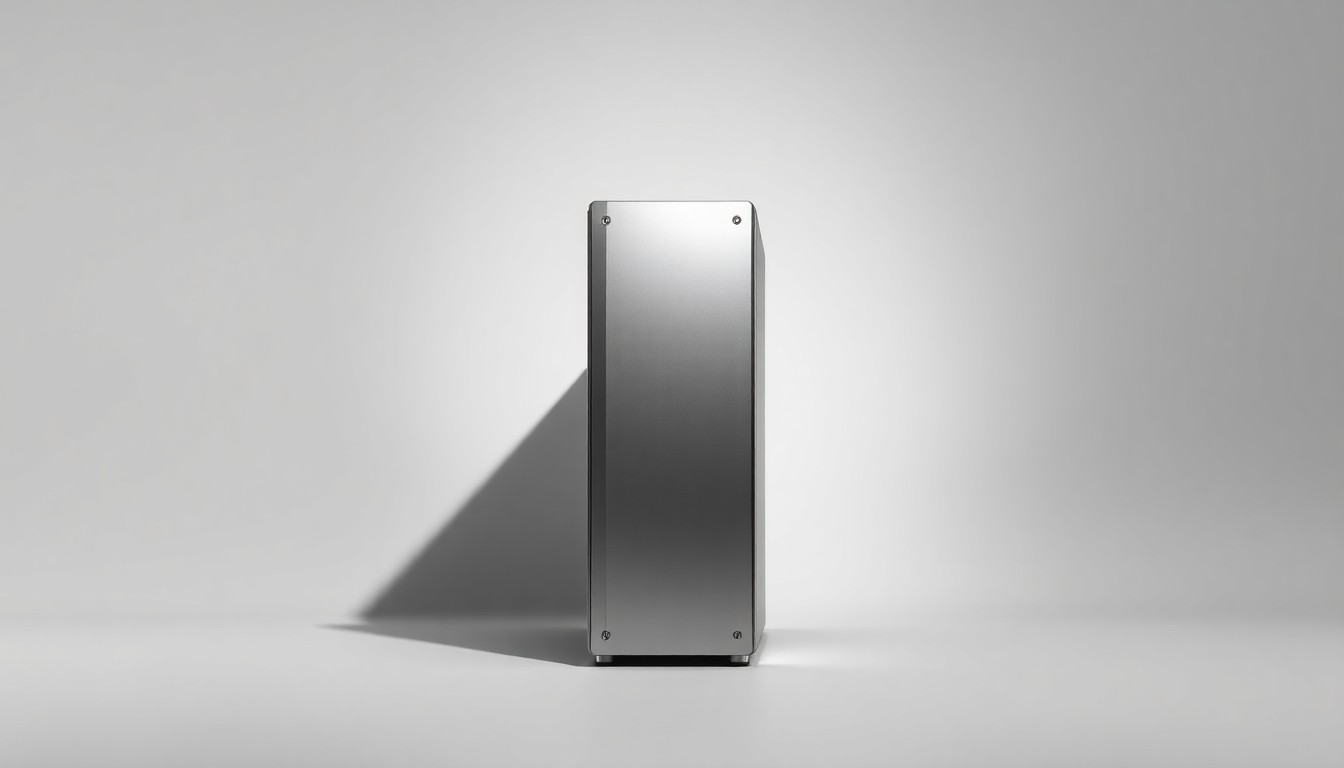 A highly detailed, photorealistic studio photograph of a metallic data server tower resting on a clean, monochromatic background, symbolizing the abstract corporate forces at play in the debate over Amazon's proposed facility in Hobart.