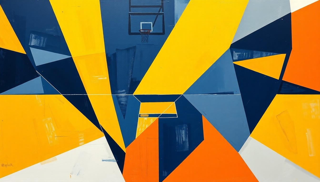 A fragmented, geometric painting depicting the dynamic movements and competitive spirit of a high school basketball game, with the colors and shapes representing the rival teams.