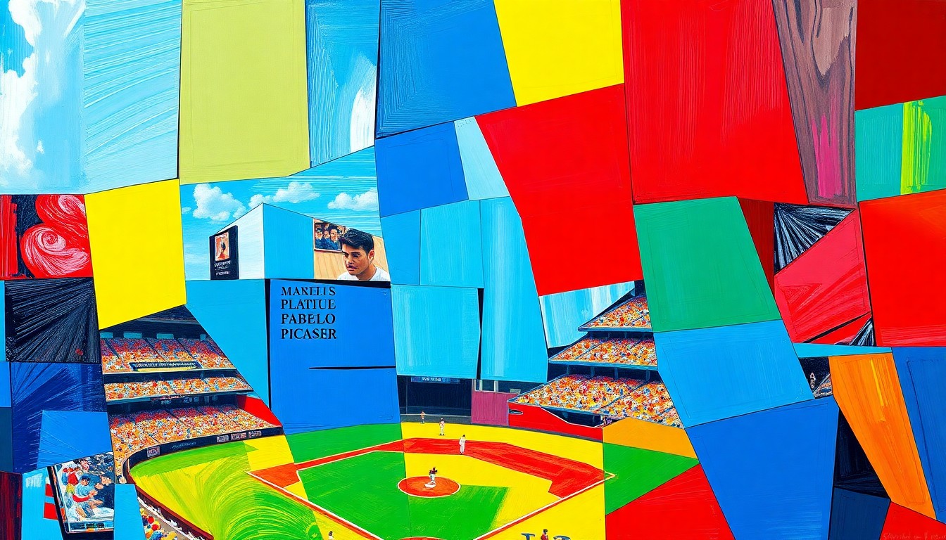 A cubist, geometric painting depicting a baseball game in motion, with players and the field broken down into sharp, overlapping planes of vibrant colors.