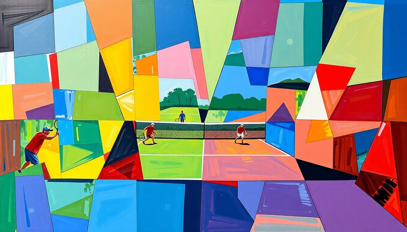 A fragmented, geometric painting depicting a high school tennis match, with overlapping planes of color representing the opposing teams.