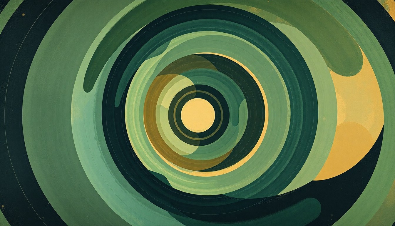 An abstract, textured painting in shades of green, blue, and brown, featuring sweeping geometric shapes and precise botanical spirals, conceptually representing the complex systems and natural forces involved in astronaut training and space exploration.