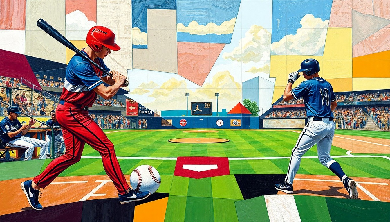 A fragmented, geometric painting depicting the dynamic movements and competitive spirit of a high school baseball game, with overlapping shapes and planes of color representing the players, equipment, and field of play.