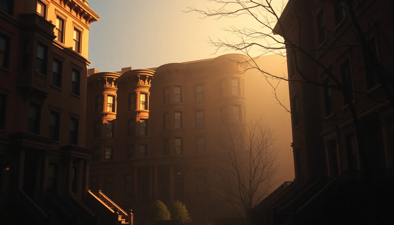 A serene, cinematic painting of a row of brownstone townhouses in New York City, with warm sunlight and deep shadows creating a sense of timeless urban tranquility, representing the city's long history of private housing development that is now being challenged by new government policies focused on racial equity.