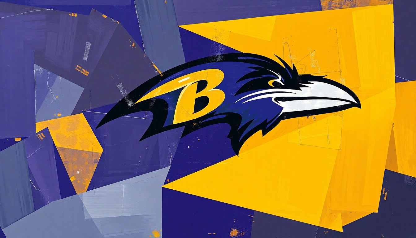 A cubist, geometric painting depicting a fragmented football game, with sharp, overlapping planes of purple, gold, and grey, conveying the transition and change within the Ravens organization.