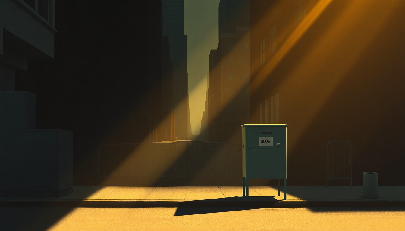 A realistic oil painting depicting a lone ballot drop box on a city sidewalk, the box's metal surface reflecting the warm glow of the afternoon sun. The scene conveys a sense of quiet contemplation and the weight of civic responsibility.