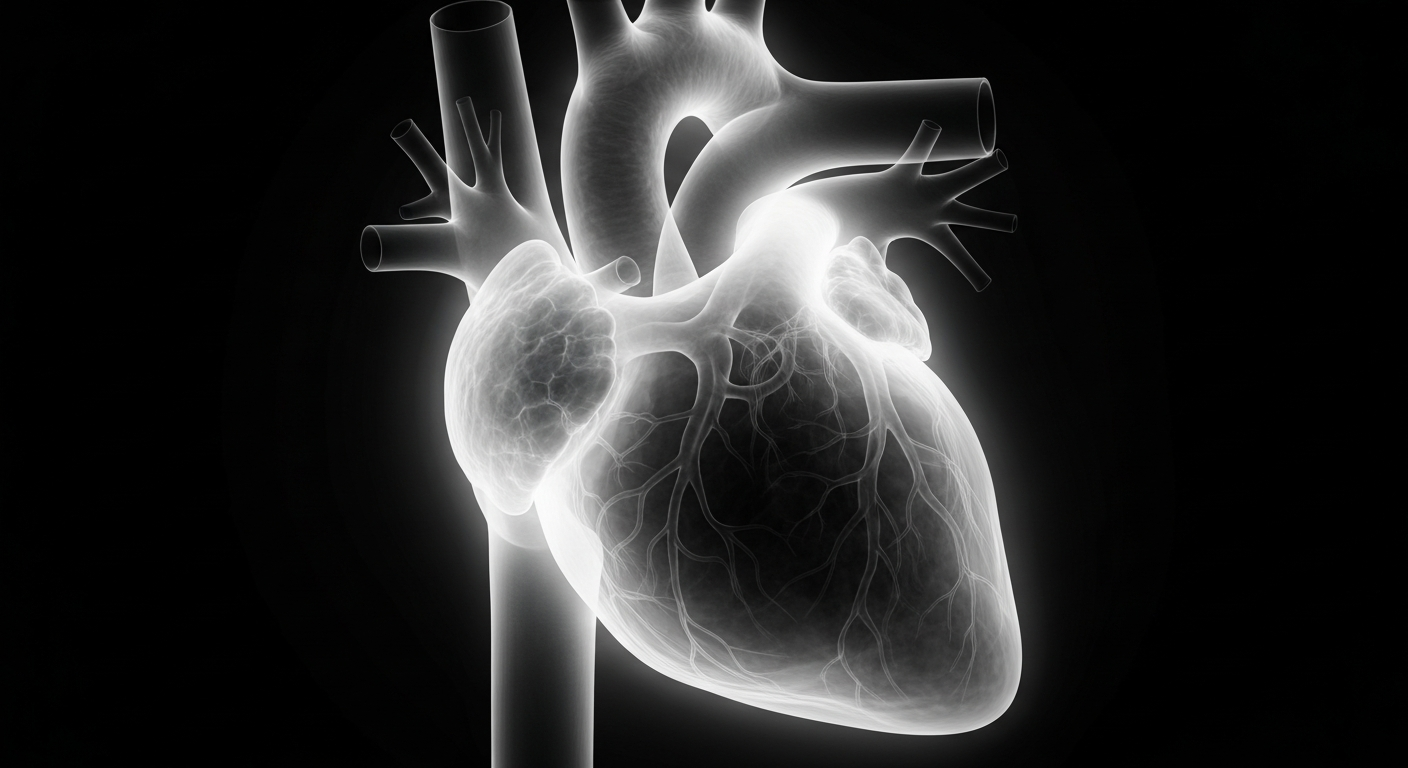 A ghostly, translucent X-ray image of a human heart, revealing its intricate network of veins and arteries against a dark background, conceptually representing the partnership's focus on evidence-based healthcare solutions.