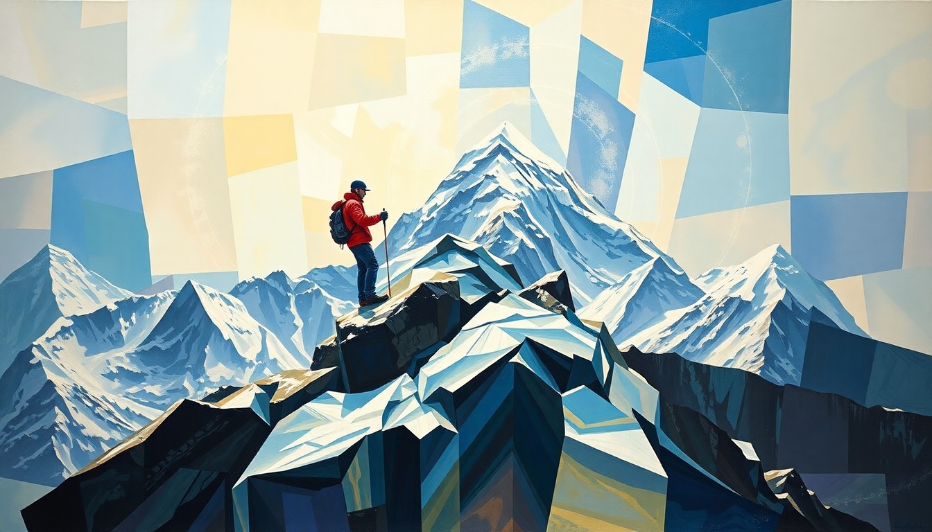 A cubist-style painting depicting the iconic image of a mountaineer standing atop a snowy peak, broken down into sharp, overlapping geometric shapes and planes of color, conveying the daring and technical skill required for such a feat.