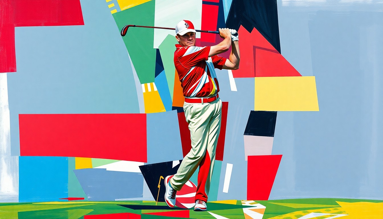 A fragmented, cubist-style painting depicting the motion and energy of a golfer's swing, with sharp geometric shapes and planes in shades of red, white, and blue representing the colors of the Illinois State University Redbirds.