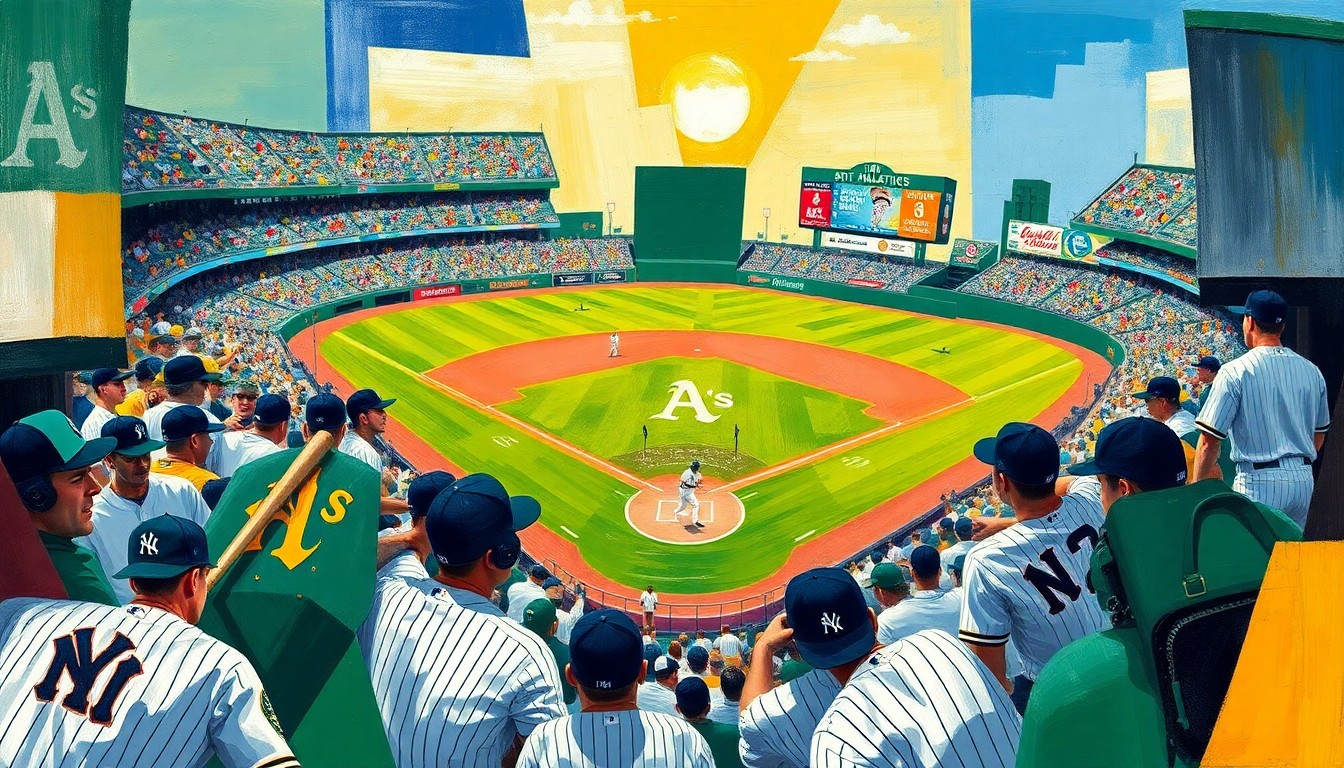 A fragmented, cubist-style painting depicting a baseball game between the Oakland Athletics and New York Yankees, with the players and field broken down into sharp, overlapping geometric shapes and planes in a vibrant color palette.