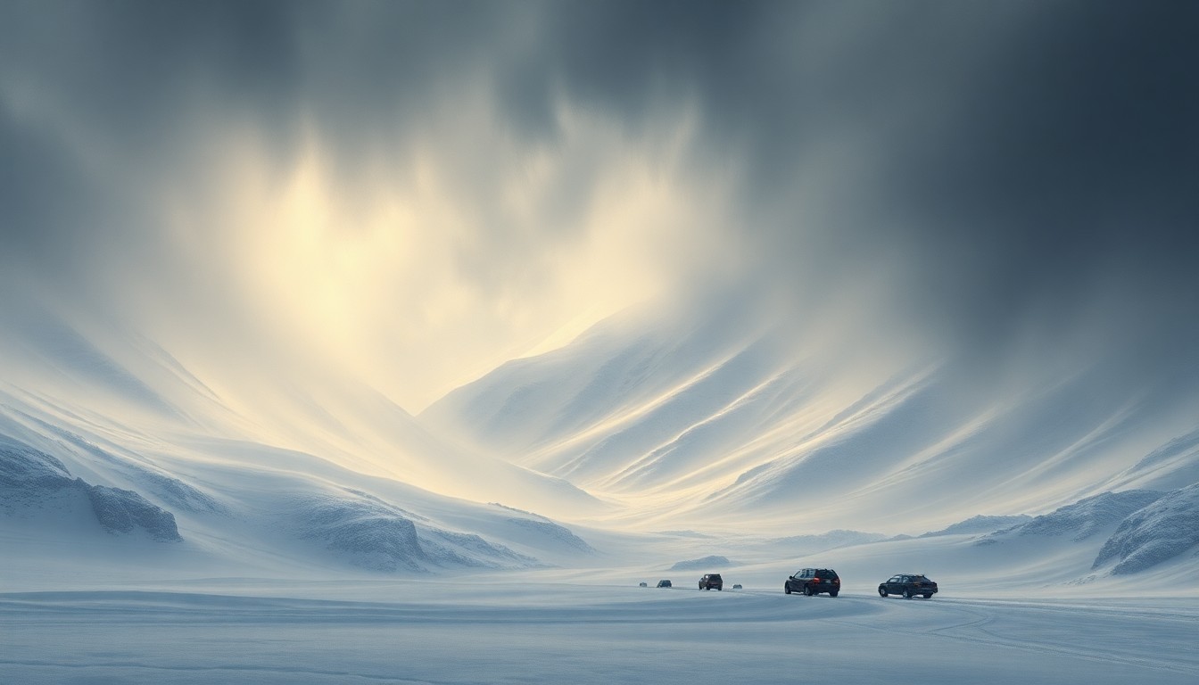 A vast, atmospheric landscape painting depicting the Sierra Nevada mountains shrouded in a dramatic, swirling snowstorm, conveying the overwhelming power of the extreme weather conditions.