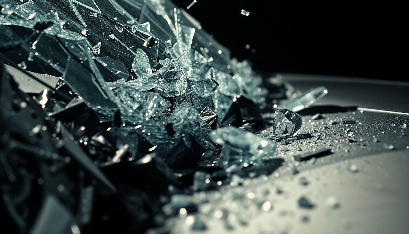 An abstract close-up image of shattered glass and twisted metal, conveying the emotional impact and physical damage of a serious car crash.