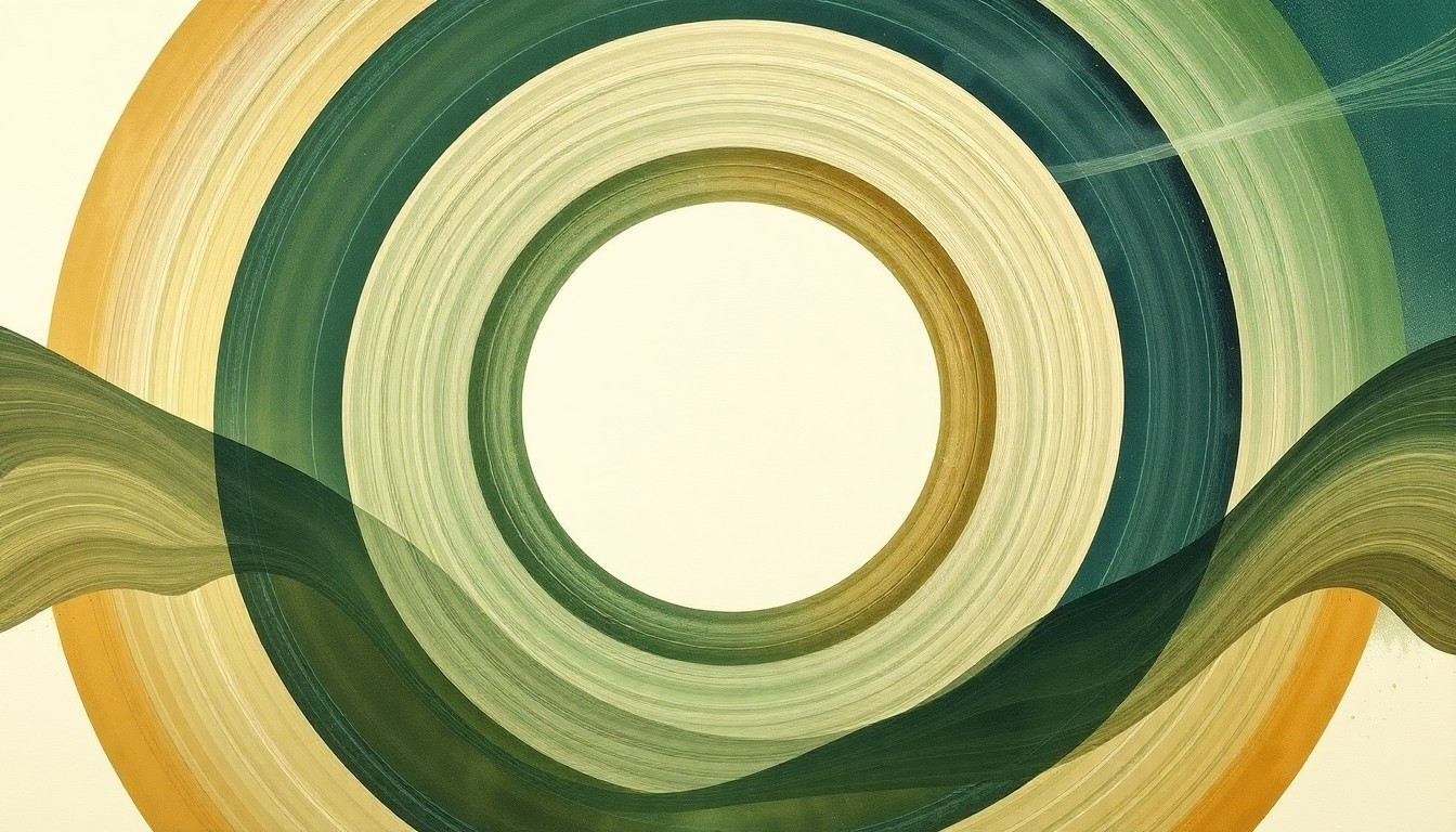 A highly textured abstract painting featuring sweeping geometric shapes and organic spirals in muted green, brown, and blue tones, conveying the intricate scientific and environmental concepts surrounding the proposed Earthrise solar farm project.