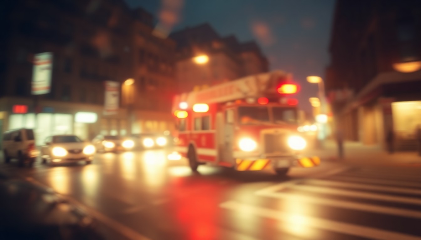 An extremely blurred, impressionistic photograph of the faint outline of a fire engine speeding down a rain-streaked city street at night, captured in a warm, soft-focus style that evokes a sense of urgency and community.