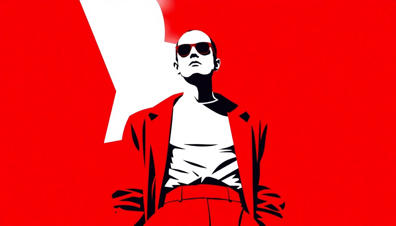 A striking abstract composition featuring bold, jagged geometric shapes in vibrant red and white, conceptually representing an artist's exploration of the limits of clothing and personal expression.