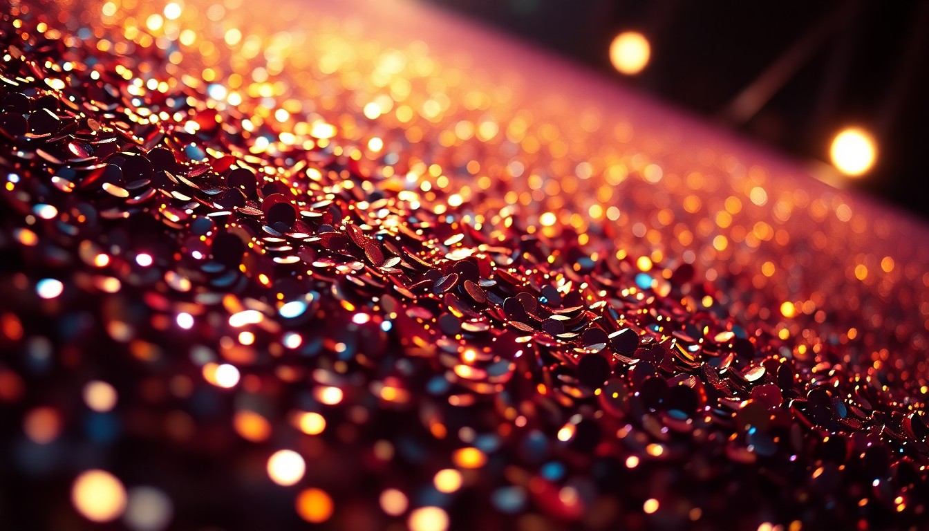 An abstract close-up photograph of shimmering sequins under dramatic studio lighting, conveying the glamorous aesthetic of a Billy Idol concert.