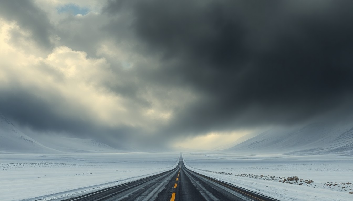 A sweeping, atmospheric landscape painting in muted tones of gray, white, and blue, depicting a snow-covered expanse under a heavy, overcast sky. The road or highway is barely visible, dwarfed by the overwhelming scale of the natural world.