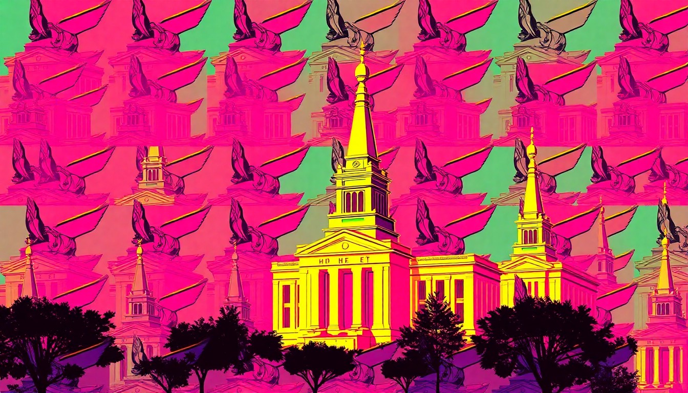 A vibrant, high-contrast silkscreen print of the iconic Angel Moroni statue repeated in a grid, rendered in a bold, neon color palette that transforms the religious symbol into a modern pop art piece.