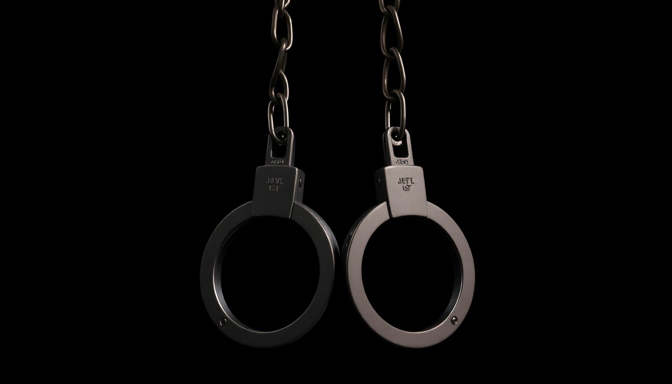 An extreme close-up of a pair of metal handcuffs against a pitch-black background, creating a stark, gritty, and investigative aesthetic through the use of harsh, direct flash lighting.