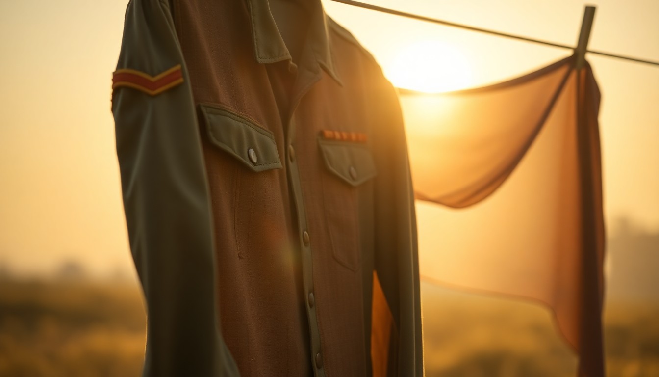 An out-of-focus photograph of a military uniform hanging on a clothesline, the fabric softly moving in the wind and bathed in warm, golden light, conveying a sense of reverence and reflection.