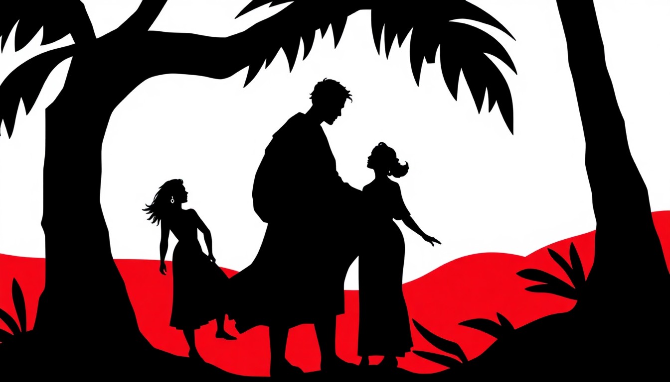 A bold, abstract composition of jagged geometric shapes and high-contrast solid colors, representing the vibrant Caribbean setting and themes of the musical 'Once on This Island'.