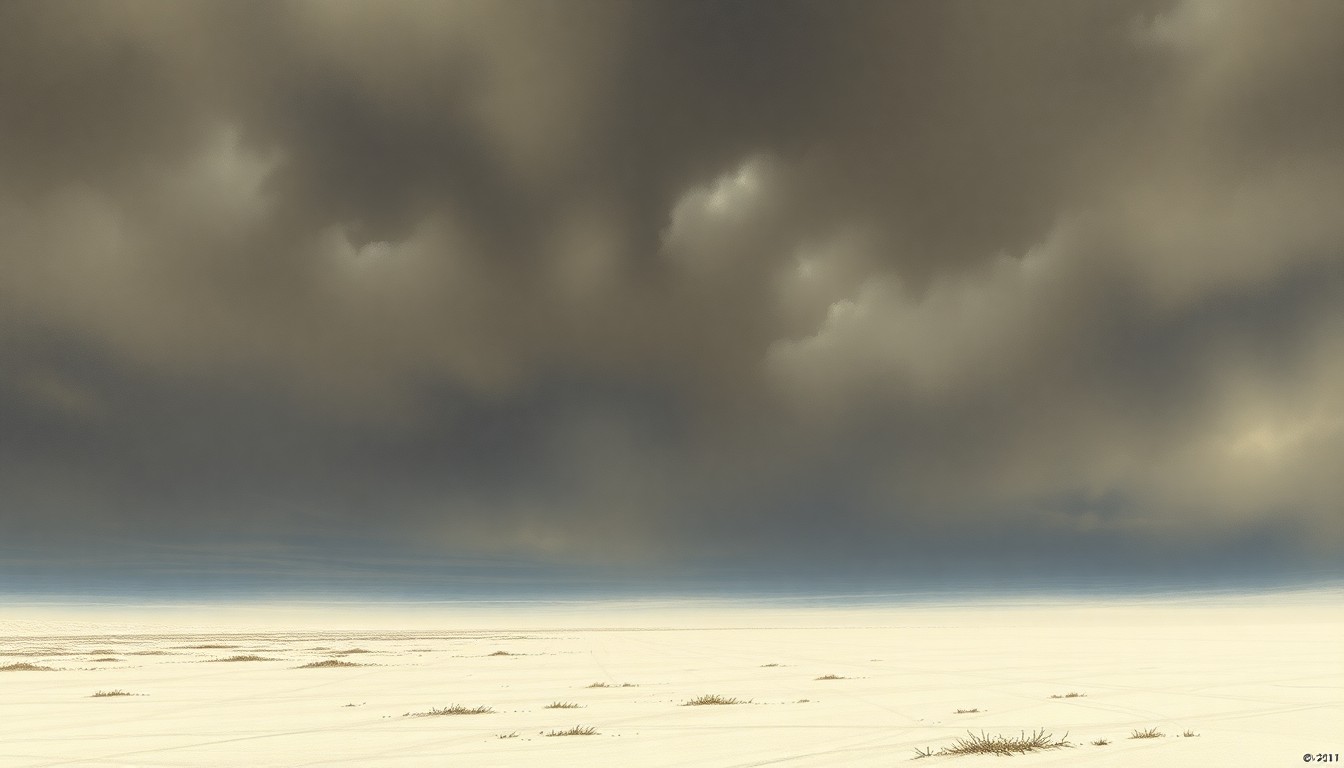 A sweeping, atmospheric landscape painting in muted tones of gray, white, and blue, depicting a vast, snow-covered expanse under a dramatic, overcast sky, conveying a sense of the overwhelming scale and power of the natural world.