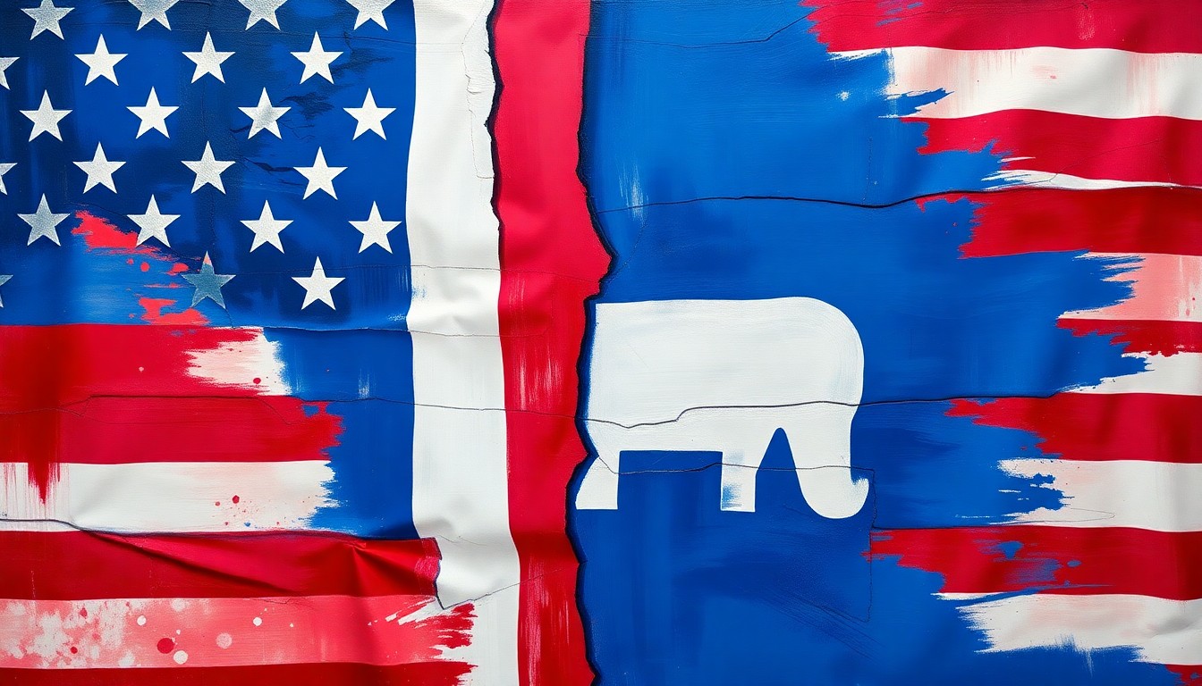 An abstract, fragmented painting of the American flag in bold, clashing colors, conveying a sense of political turmoil and division.