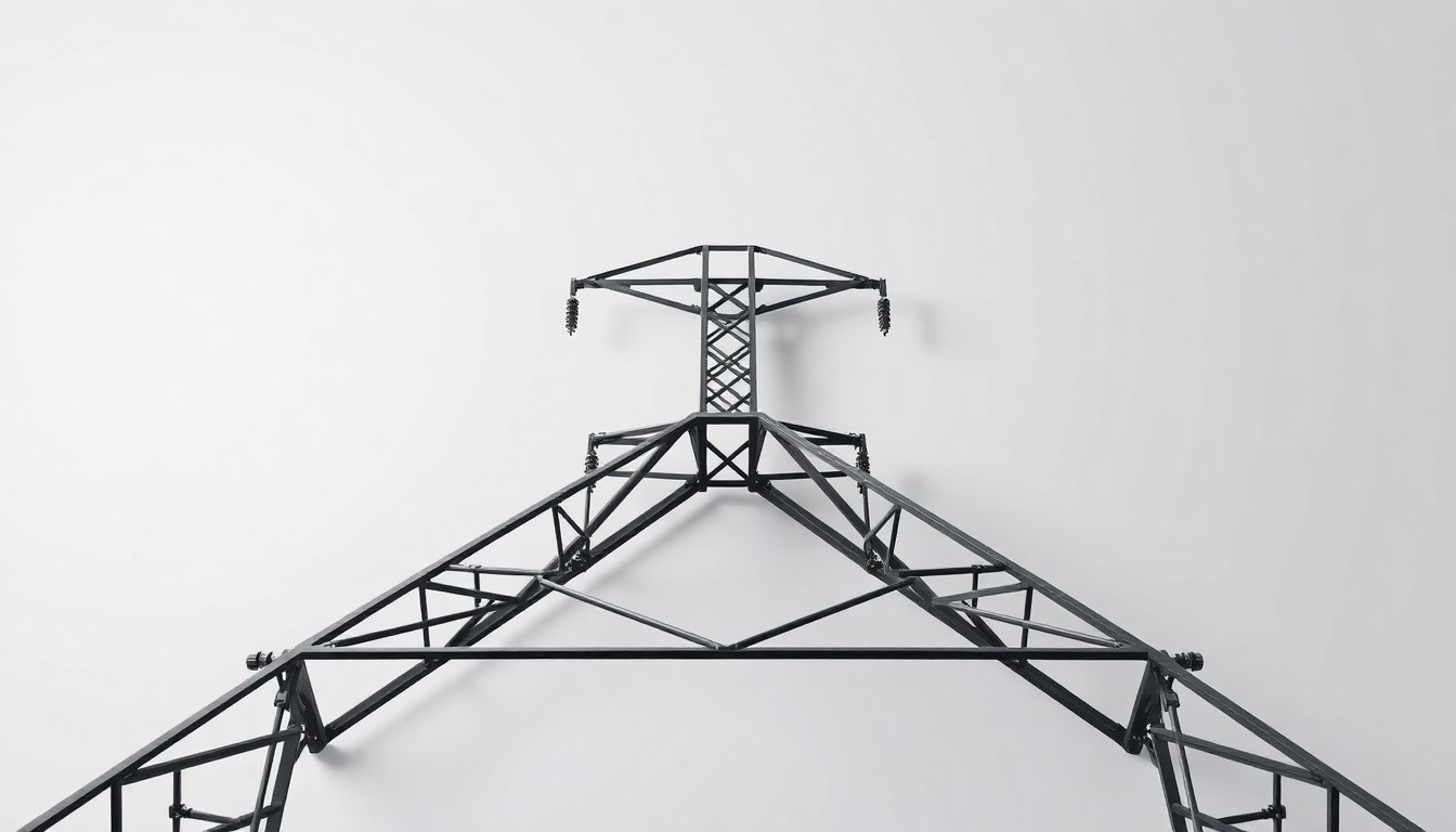 A photorealistic studio still life of a polished metal electrical transmission tower pylon against a clean white background, using dramatic lighting and shadows to conceptually represent the abstract challenges of power grid infrastructure and regulatory policy.