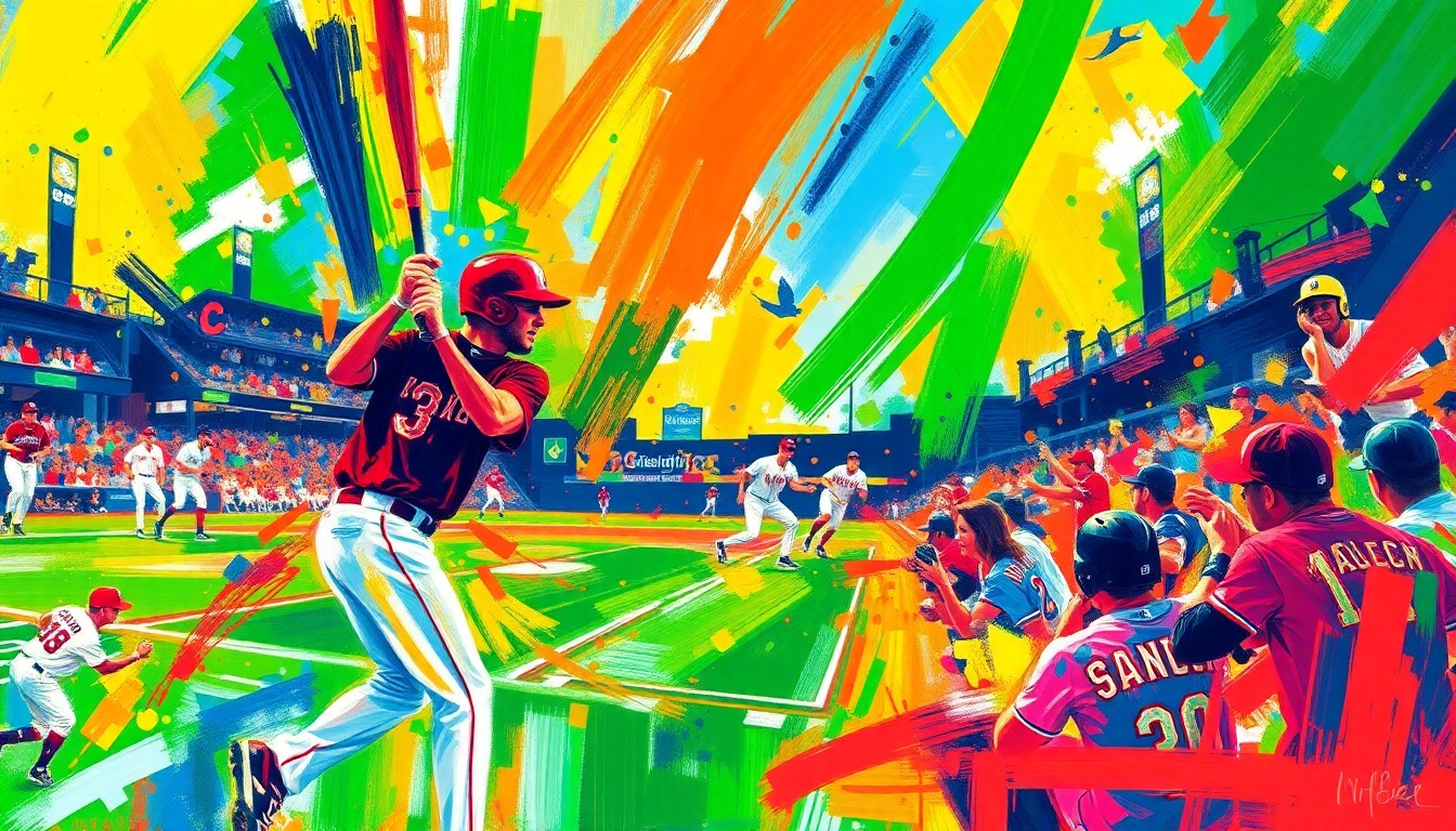 An abstract, expressionist painting featuring bold, neon-colored brushstrokes and splatters that convey the intensity and athleticism of a college baseball game.