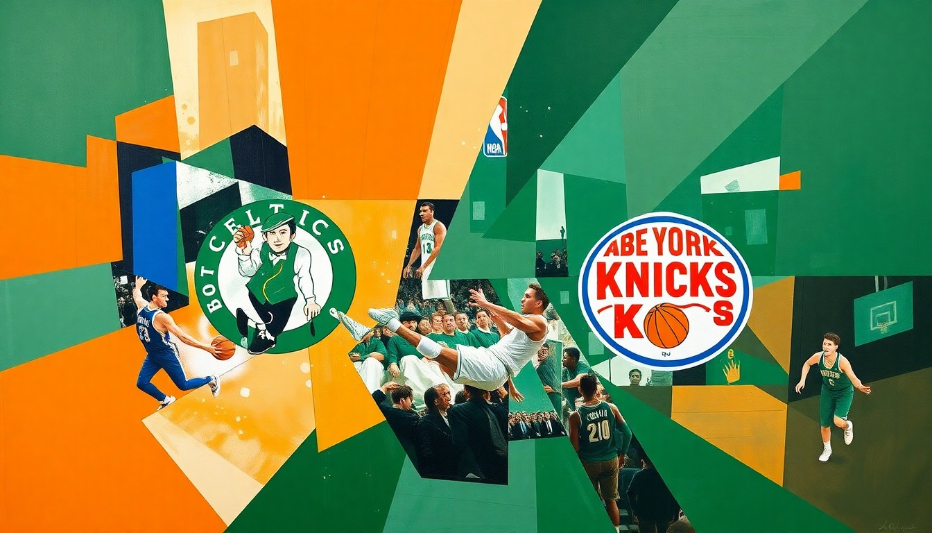 A cubist, geometric painting depicting the action and energy of a high-stakes NBA basketball game between the Boston Celtics and New York Knicks, with the teams' official colors of green, white, orange, and blue creating a dynamic, fragmented visual composition.