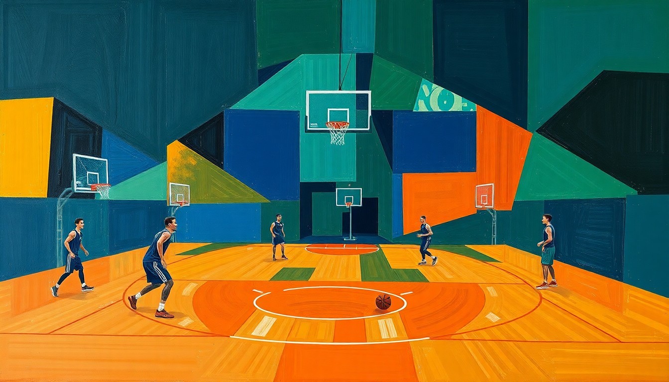A cubist, geometric painting depicting fragmented basketball players and equipment in a palette of navy, green, and orange, representing the new energy and direction of the Butler basketball program.