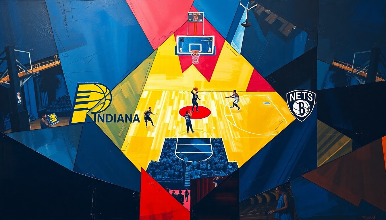 A fragmented, geometric painting depicting the action of a basketball game, with sharp planes of navy, gold, and crimson colors representing the competing teams.