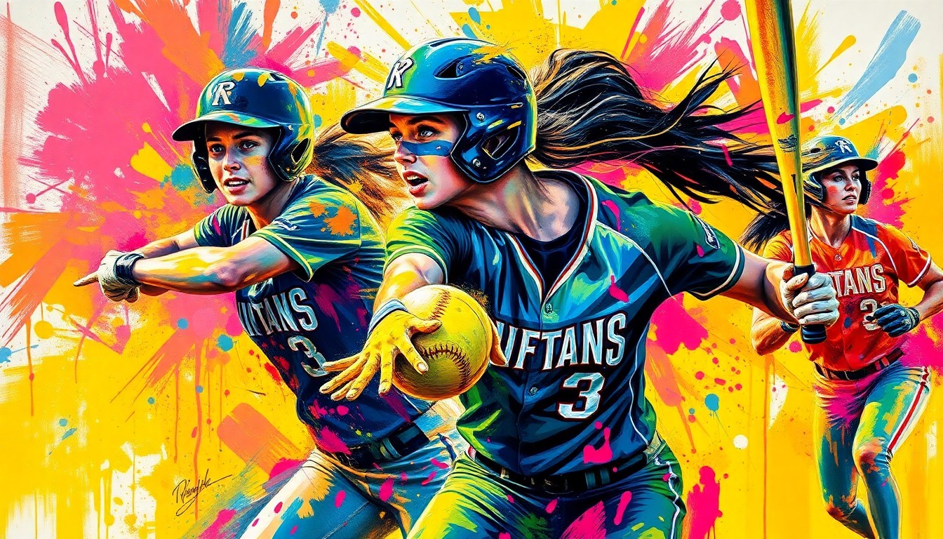 An abstract expressionist painting in vibrant neon colors, with rapid brushstrokes capturing the dynamic motion and energy of a softball game, players' forms dissolving into unrecognizable shapes and splatters.