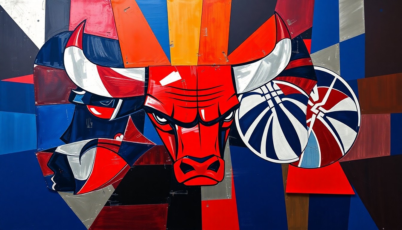 A fragmented, geometric painting depicting a basketball game in progress, with players and the court broken down into sharp, overlapping planes of color, conveying the chaotic and unpredictable nature of the matchup between these two struggling NBA teams.