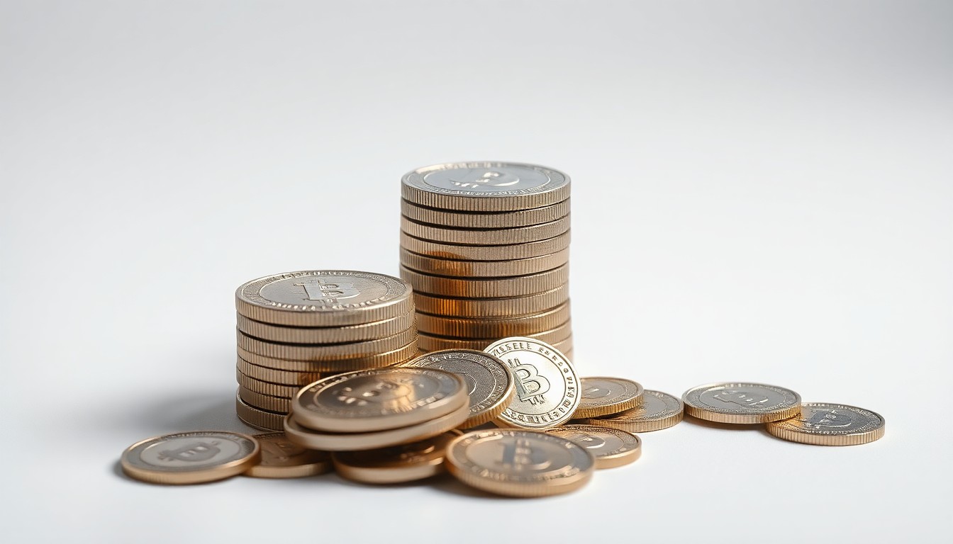A high-end, photorealistic studio still-life photograph featuring a stack of polished metal coins, some in a neat pile and others scattered, representing the concept of a growing corporate treasury of cryptocurrency. The coins are arranged elegantly on a clean, monochromatic seamless background using sharp, dramatic studio lighting and deep shadows to symbolize the strategic importance of digital assets for the company's future.