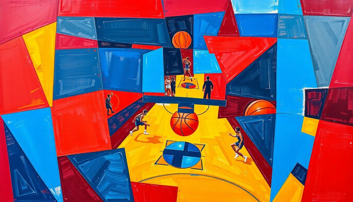 A fragmented, geometric painting depicting the dynamic movement and competition of a basketball game, with sharp planes of color and form.