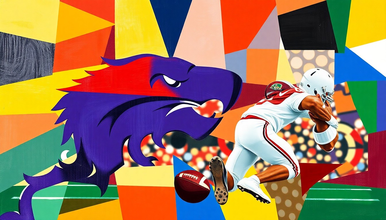 A cubist, geometric painting depicting a football game or match, with sharp, overlapping planes of color representing the dynamic action on the field.