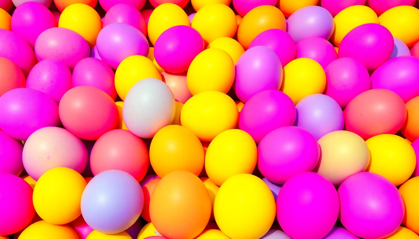 A bold, pop art-inspired illustration featuring a repeating grid of brightly colored Easter eggs in shades of pink, yellow, and blue, capturing the joyful energy of the church's Easter festivities.